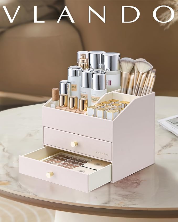 Vlando Makeup Organizer,Skincare Organizer for Vanity，PU Leather Make up Organizer with Drawers Cosmetic Display Case for Countertop,Bathroom,Gifts Ideas for Women (Apricot White)