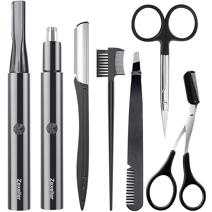 Nose & Eyebrow Trimmer,Eyebrow Trimmer Kit, Eyebrow Grooming Set,Eyebrow Grooming Scissors, Electric Eyebrow Razor, 9 in 1 Eyebrow Scissors, Tweezer, Eyebrow Razor, Shaping Scissors & Brush