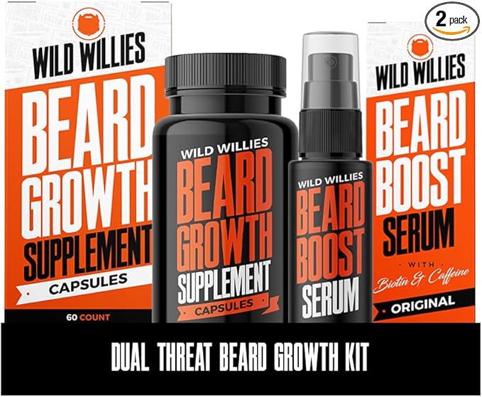 Wild Willies Beard Growth Kit - Capsules & Boost Serum - Natural Growth Oil With Biotin & Caffeine - Vitamins for Fuller, Thicker Beard - 60 Capsules - For Men