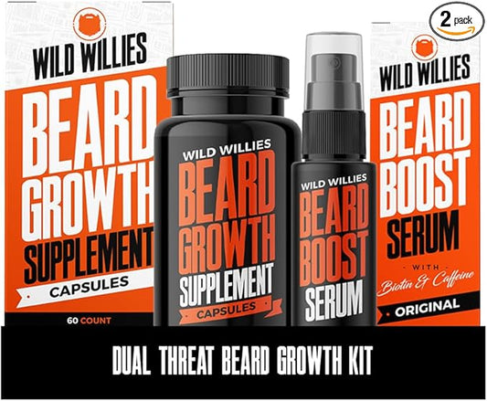 Wild Willies Beard Growth Kit - Capsules & Boost Serum - Natural Growth Oil With Biotin & Caffeine - Vitamins for Fuller, Thicker Beard - 60 Capsules - For Men