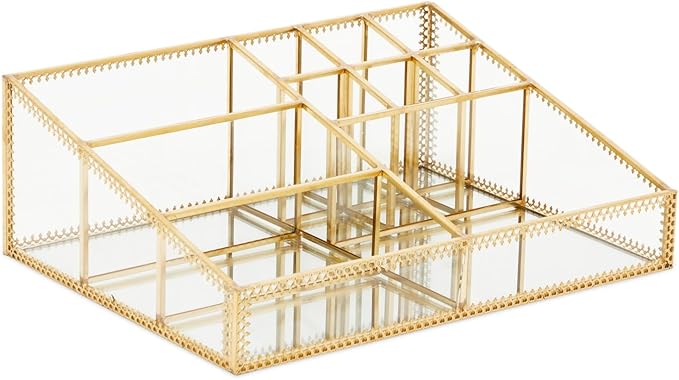 Glass Makeup Organizer with Gold Trim for Vanity, Cosmetic Storage (10.2 x 7.5 x 3.5 In)