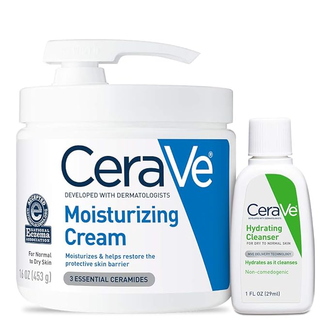 CeraVe Moisturizing Cream Combo Pack, Contains 16 Ounce with Pump & 1 Ounce Hydrating Facial Cleanser, Dry Skin Relief