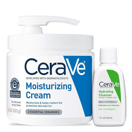 CeraVe Moisturizing Cream Combo Pack, Contains 16 Ounce with Pump & 1 Ounce Hydrating Facial Cleanser, Dry Skin Relief