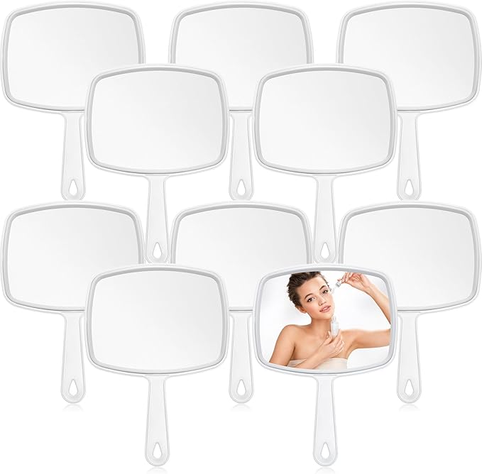 Qunclay 10 Pcs Large Hand Mirror Handheld Mirror with Handle Multi Purpose Barber Mirror with Distortion Free Reflection for Vanity Makeup Salon Travel Use (White, 7.3'' W x 10.3'' L)