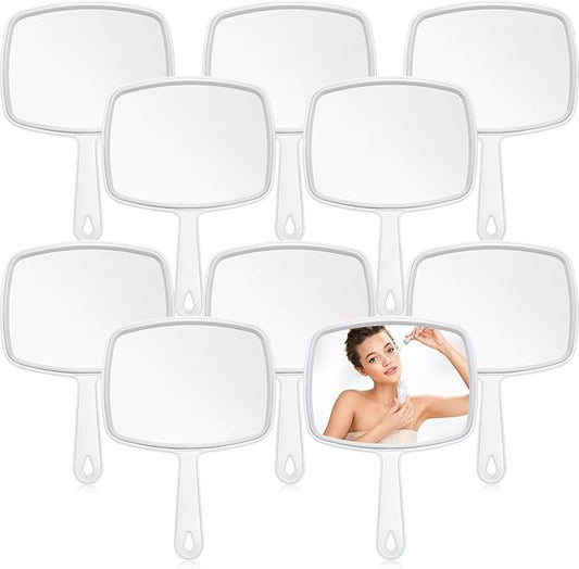 Qunclay 10 Pcs Large Hand Mirror Handheld Mirror with Handle Multi Purpose Barber Mirror with Distortion Free Reflection for Vanity Makeup Salon Travel Use (White, 7.3'' W x 10.3'' L)