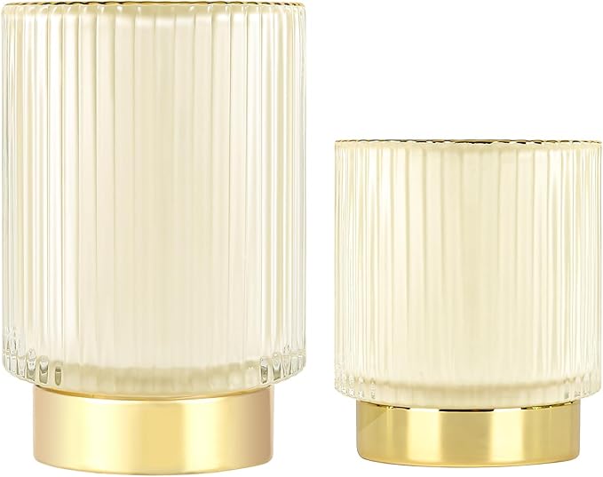 DASITON Makeup Brush holder Organizer,Crystal Cosmetic Makeup Brush Glass Brushes Storage Holder, Vintage Make Up Brush Cup Pen Pencil Holder striped vase(Cream S+L)