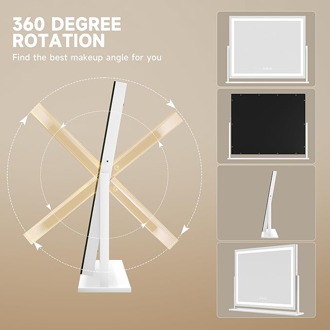 Hasipu Vanity Mirror with Lights, 23.6" x 18.1" LED Makeup Mirror, Light up Mirror with Smart Touch 3 Colors Dimmable, Brightness Adjustment, 360° Rotation (White)
