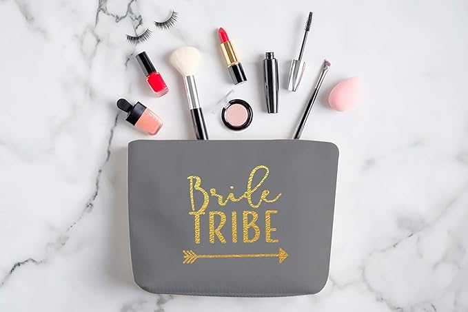 Heather & Willow 6 Piece Set | Bride Tribe Canvas Cosmetic Makeup Clutch Gifts Bag for Bridesmaid Proposal Box & Bridesmaids Bachelorette Party Favors (Grey)