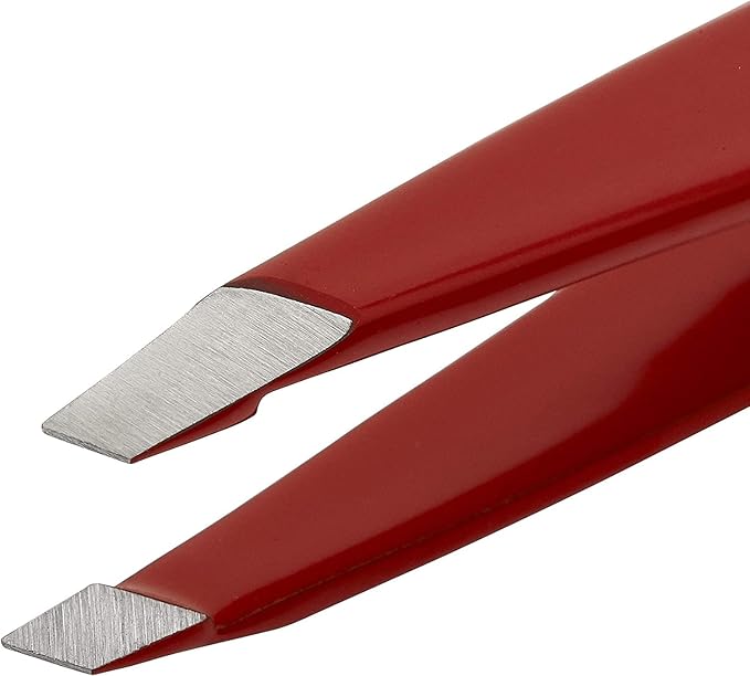 Slant Tweezer - Handmade in Switzerland - Professional Eyebrow & Facial Hair Remover - Etched Interior Grabs Hair from The Root - Perfectly Aligned Tips - Stainless Steel, Red
