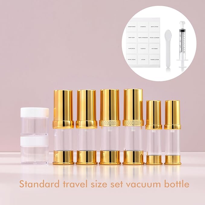 golden airless pump bottle with travel bag set with labels empty refillable cosmetic pump travel size containers hair oil, lotion and other liquids 5ml 10ml 15g(12 Packs)