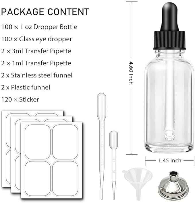 100 Pack, 1 oz Glass Dropper Bottle for Essential OIls, 30 ML Clear Empty Tincture Bottles with Dropper for Serum Hair Cuctile Body Oils Bulk for Storage
