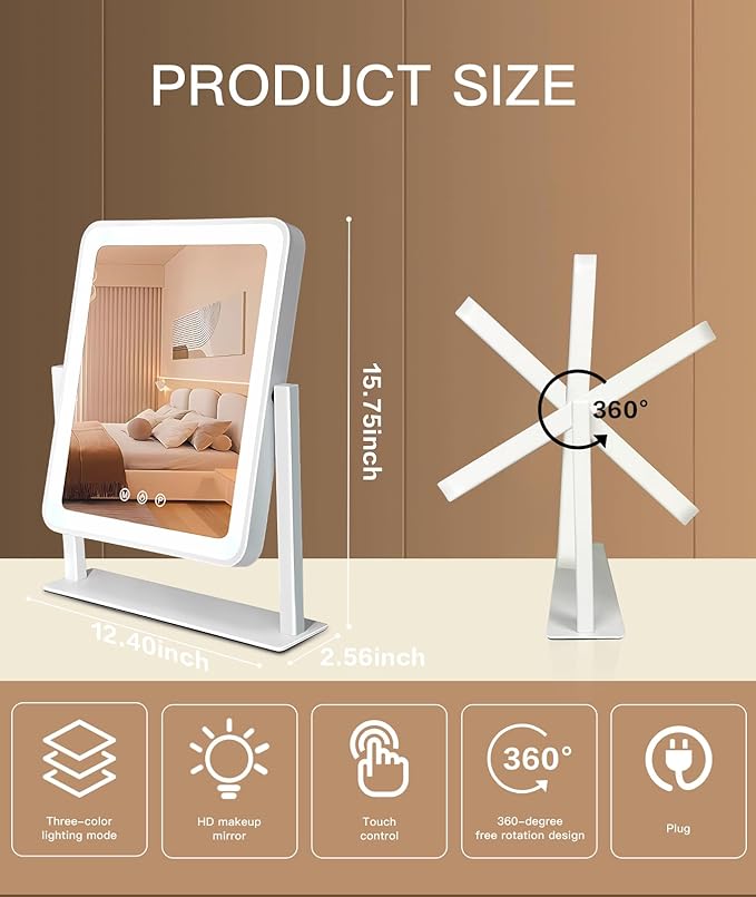 2025 Lighted Makeup Mirror, Hollywood Vanity Mirror with Lights, 3 Color Lighting Modes, 360° Rotation, Hd Glass Mirror, and 10X Magnification Mirror, Smart Touch Control for Home & Travel (White)