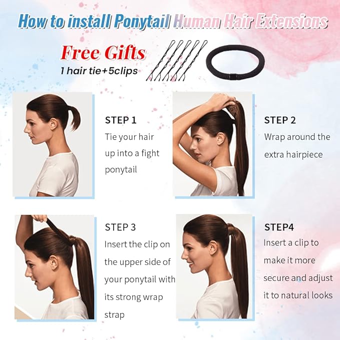 Ponytail Extension Human Hair Balayage Walnut Brown to Ash Brown with Bleach Blonde Highlights Ponytail Hair Pieces Clip in Wrap Around Pony Remy Hair Extensions for Women 14 Inch 80G #3T8P613