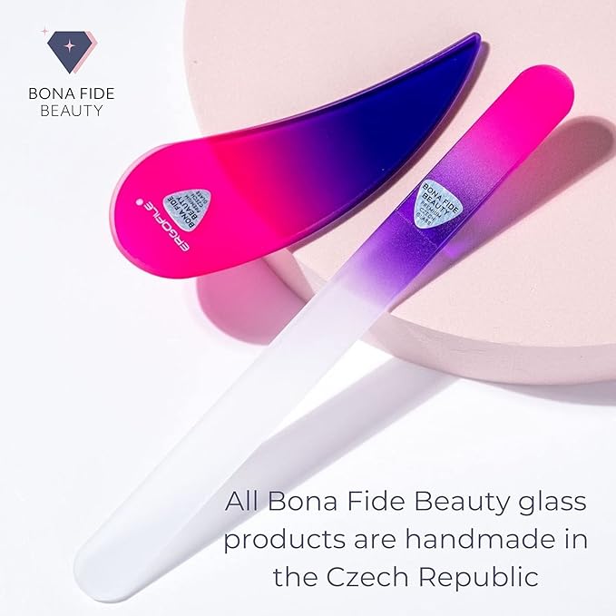 BONA FIDE BEAUTY Drop Ergonomic Glass Nail File Manicure Set - 4-Pieces Comfort Grip Ergofile Czech Glass