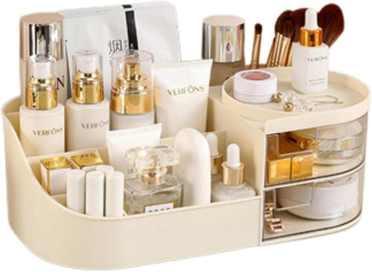 skin care organizer,Makeup Desk Organizer With Drawers,Countertop Organizer for Cosmetics,Vanity brush with Holder for Lipstick, Brushes, Eyeshadow, and Desktop Finishing Dresser (D-polar white)