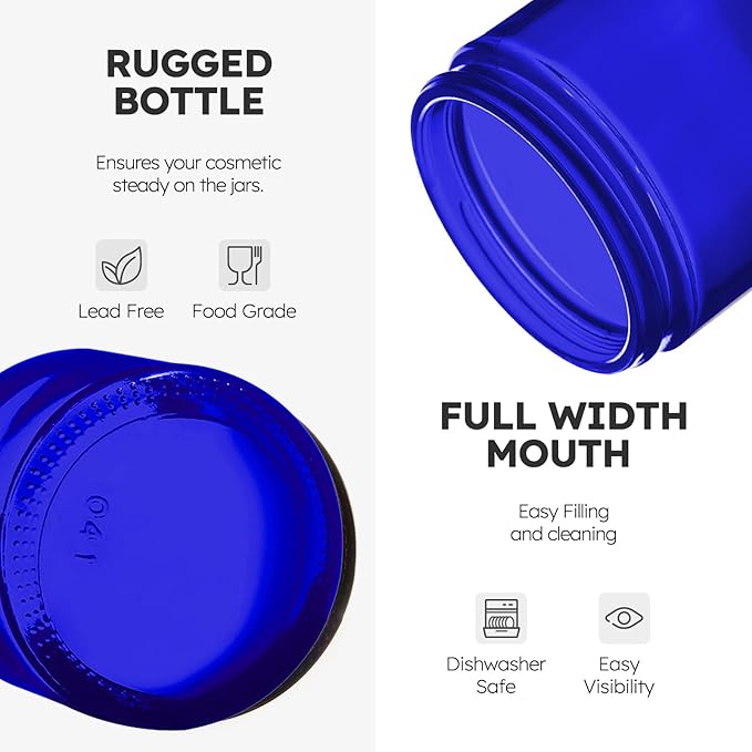 2 oz Glass Jars with Lids, 48 pack Round Small Containers with Black Lids, Blank Labels & Inner Liners, Empty Cosmetic Containers for Sample, Powder, Cream, Lotion Amber and Blue