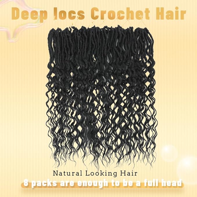 24 Inch Deep Faux Locs Crochet Hair Goddess Locs Crochet Hair for Women Faux Locs Crochet with Curly Ends Pre Looped Deep Wave Soft Locs Synthetic Hair Extension 8 Packs Black Color