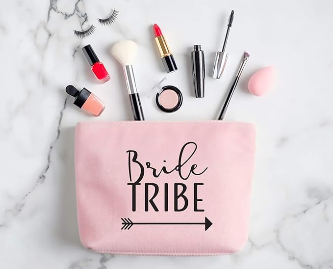 Heather & Willow 6 Piece Set | Rose Gold Bride Tribe Canvas Cosmetic Makeup Clutch Gifts Bag for Bridesmaid Proposal Box & Bridesmaids Bachelorette Party Favors