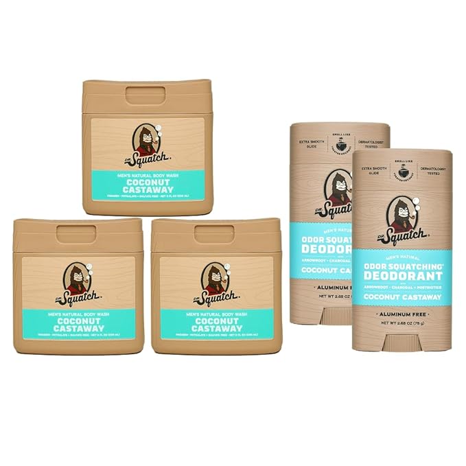 Dr. Squatch NEW Body Wash and Deodorant for Men Gift Set | No Paraben, Phthalate, Sulfate | Odor-Squatching, Aluminum-Free | Coconut Castaway Body Wash (8 oz, 3-Pack) & Deodorant (2.56 oz, 2-Pack)