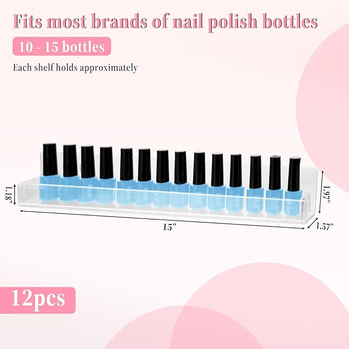 12 Pack Nail Polish Organizer Wall Rack Wall Mounted Shelf Acrylic Clear Nail Polish Shelves Wall Organizer Holder Display Nail Supplies for Nail Techs