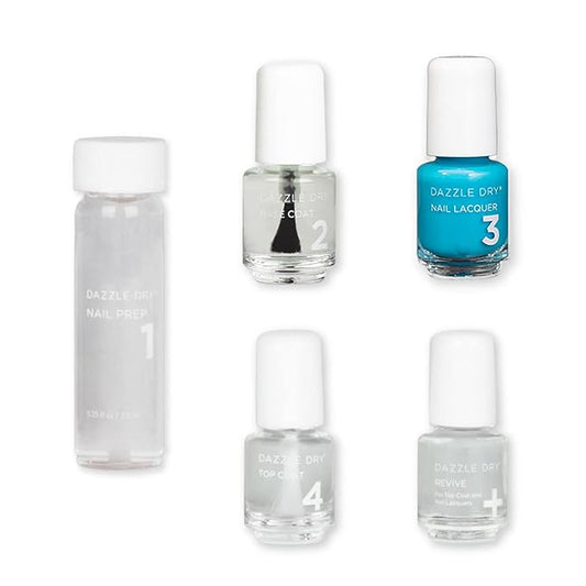 Dazzle Dry Mini Kit 4 Step System - Moon Age, A vibrant cerulean blue. Semi-sheer cream. (5 Piece Kit / 5 Manicures)