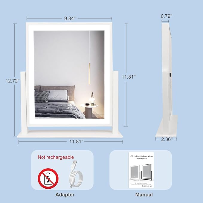 Beelux Makeup Mirror with Lights Lighted Up Vanity Mirror with Touch Control 3 Color Lighting Modes Dimmable 360°Rotation for Vanity Desk Tabletop 13Inch Christmas Birthday Present