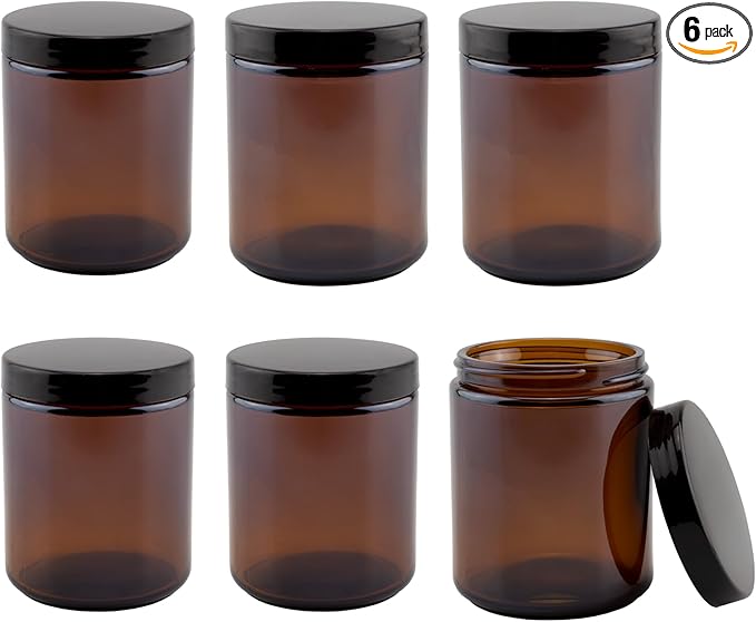Cornucopia 8oz / 9oz Amber Glass Jars (6-Pack); Straight Sided Cosmetic Jars, Great for Body Butter, Creams, Stash Jars, Etc.