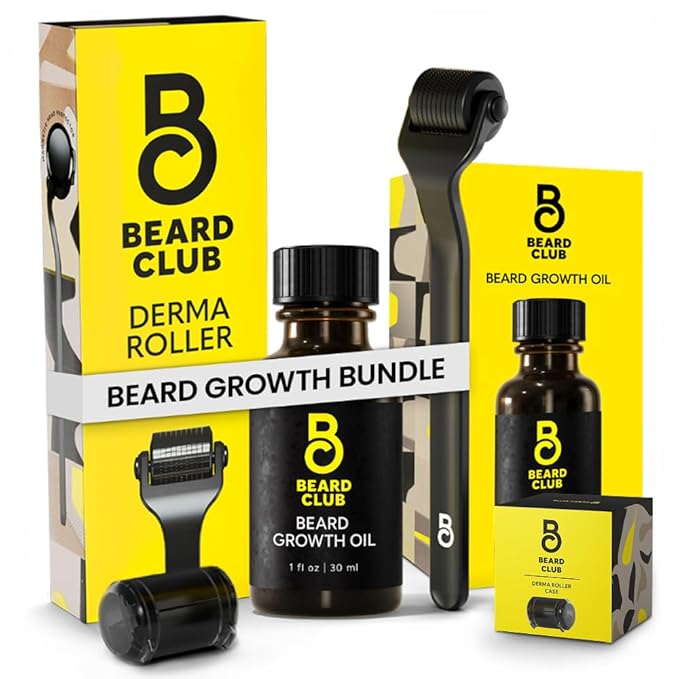 Beard Club Derma Roller & Beard Growth Oil - Microneedling Roller with 540 Titanium Microneedles & Cedar, Sandalwood Beard Oil