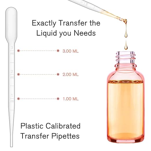 24 Pack 2 Oz Glass Eye Dropper Bottles Rose, 60 ml Empty Tincture Dropper Bottle with Scale droppers, 1 Extra Cap, 2 Plastic Funnels, 2 Pipettes & 48 stickers for Essential Oils, Body Oil