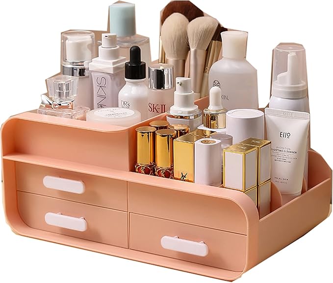 skin care organizer,Makeup Desk Organizer With Drawers,Countertop Organizer for Cosmetics,Vanity brush with Holder for Lipstick, Brushes, Eyeshadow, and Desktop (Light pink)
