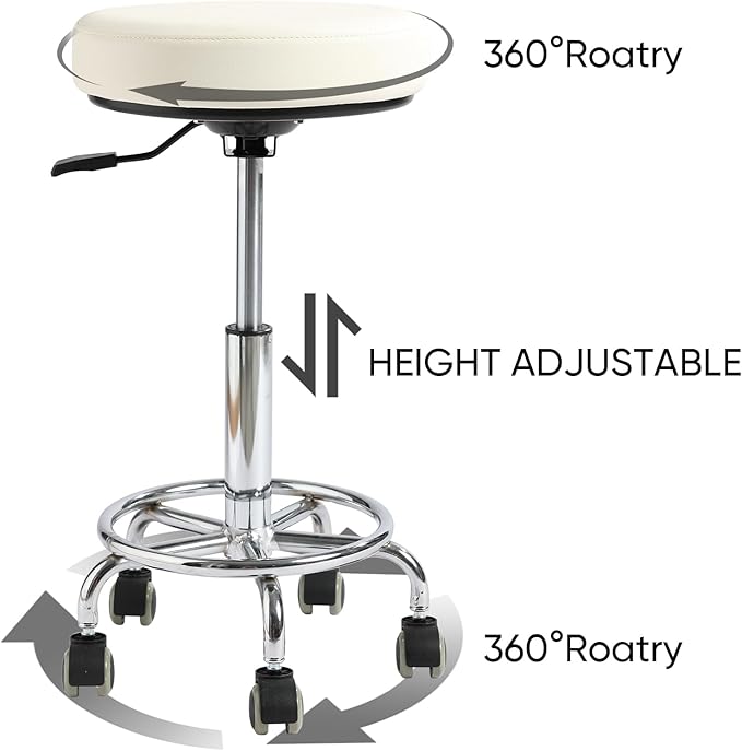 Adjustable Rolling Stool with Wheels - Ergonomic Salon & Tattoo Artist Chair, Office Stool with Comfortable PU Leather Seat, White