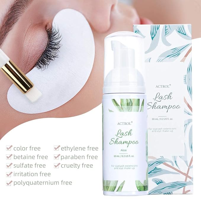 Eyelash Extension Cleanser 60ML Natural Lash Extension Shampoo Aloe Professional Eyelid Foaming Cleanser Paraben & Sulfate Free Non-lrritating with Salon and Home Care