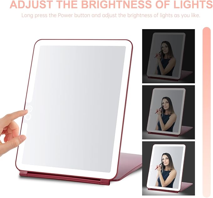 Mocado LED Travel Makeup Mirror, Rechargeable Vanity Mirror with Lights, Portable Mirror with Lights - 7x9 inches, 3 Colors Light, Foldable, Dimmable Touch Screen, Travel Essential (Wine Red)