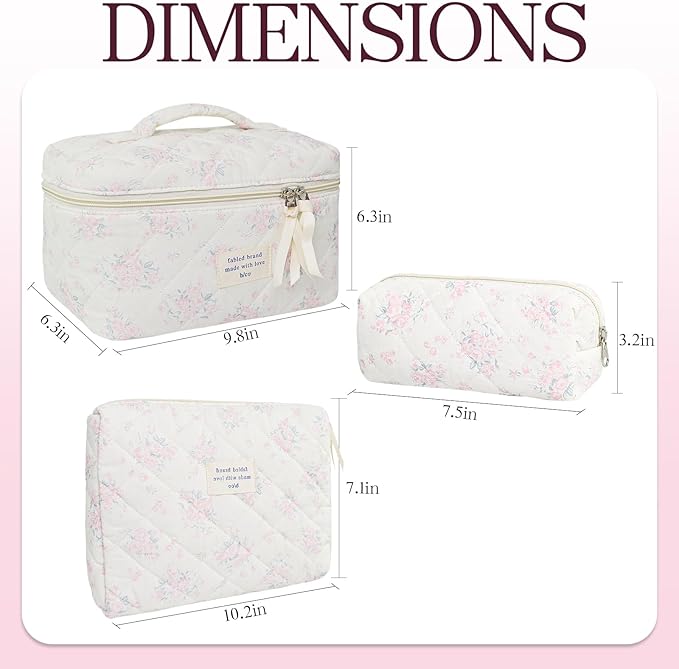 Makeup Bag, 3 PCS Quilted Makeup Bag, Cute Floral Cotton Cosmetic Bag set, Coquette Makeup Pouch Large Travel Toiletry Bag