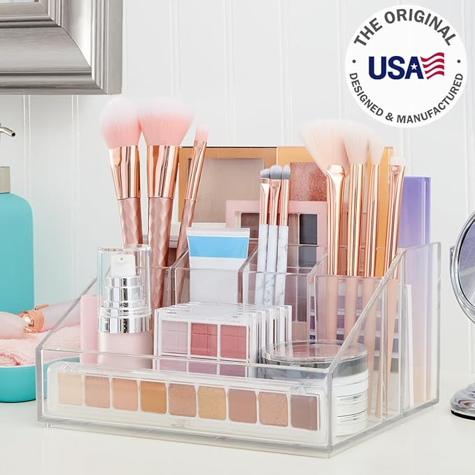 STORi Chloe Clear Plastic Stackable Makeup Brush Holder, Rectangular 6-Compartment Organizer for Brushes, Cosmetics & Beauty Supplies, Made in USA
