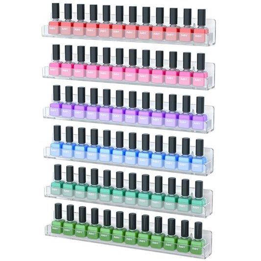 NIUBEE 6 Pack Nail Polish Rack Wall Mounted Shelf with Removable Anti-Slip End Inserts, Clear Acrylic Nail Polish Organizer Display 90 Bottles