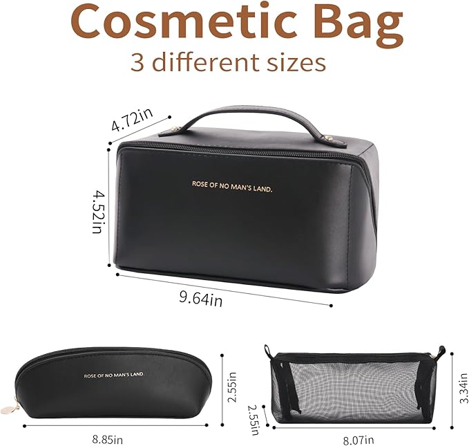 3 Pcs Travel Makeup Bag Portable Large Capacity Cosmetic Bags for Women Open Flat Makeup Case Organizer Bag Set of 3 Waterproof PU Leather Toiletry Bags with Divider and Handle (Black, Medium)