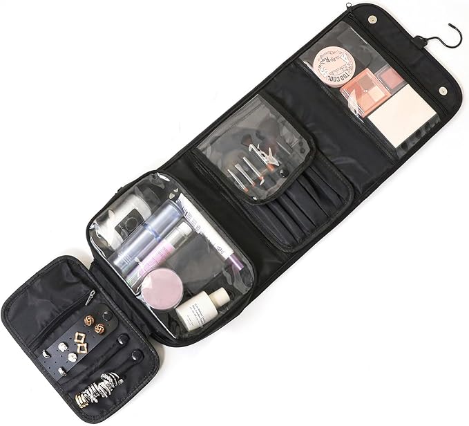 Travel Toiletry Bag for Women,Hanging Travel Toiletry Bag with Jewelry Organizer Compartment,Makeup Bag, Waterproof and Dirt Resistant, Travel Essentials, Medium,Black