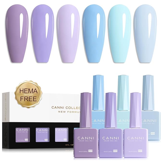 CANNI Purple Gel Nail Polish Set, 6 Colors 9ML - Light Purple, Baby Blue, Summer Lavender, Ice Blue - UV LED Kit DIY Nail Art Manicure Home Salon