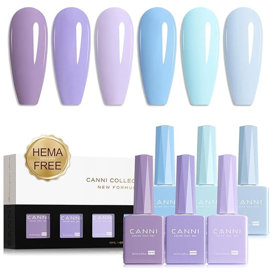 CANNI Purple Gel Nail Polish Set, 6 Colors 9ML - Light Purple, Baby Blue, Summer Lavender, Ice Blue - UV LED Kit DIY Nail Art Manicure Home Salon