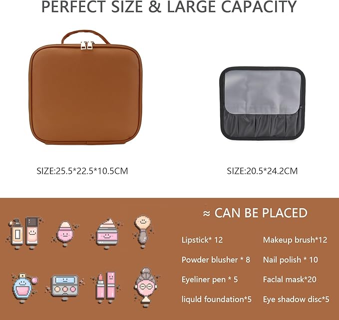 Travel Makeup Bag with LED Lighted Mirror,Cosmetics Organizer, Makeup Bag with 3 Color Lighted Setting, Portable Storage and Adjustable Dividers Travel Makeup Bag(CARAMEL COLOR)
