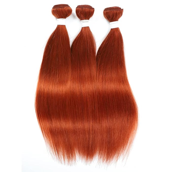 REMY HAIR Burnt Orange Bundles Remy Straight Orange Human Hair 3 Bundles with 4ﾗ4 Closure Brazilian Hair Extension Mixed Length #350 (16 18 20 + C14)