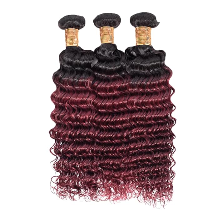 1B99j Loose Deep Curly Weave Bundles Ombre Burgundy Deep Wave Bundles Black and 99j Human Hair two tone Brazilian Human Hair Wet and Wavy for Women 22 24 26 Inch
