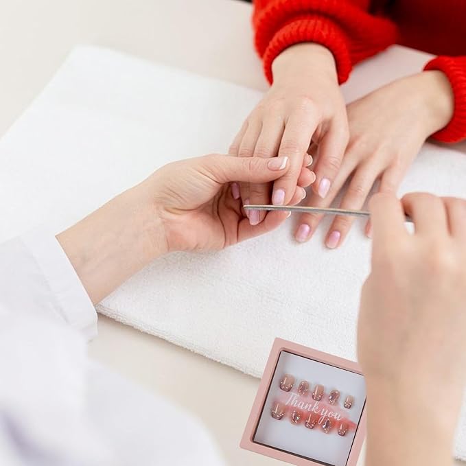 30 Pcs Press On Nail Packaging Nail Boxes Storage Display Box with 90 Pcs Adhesive Double Sided Tape with 30 Pcs Thank You Display Cards or Nail Salon Pink