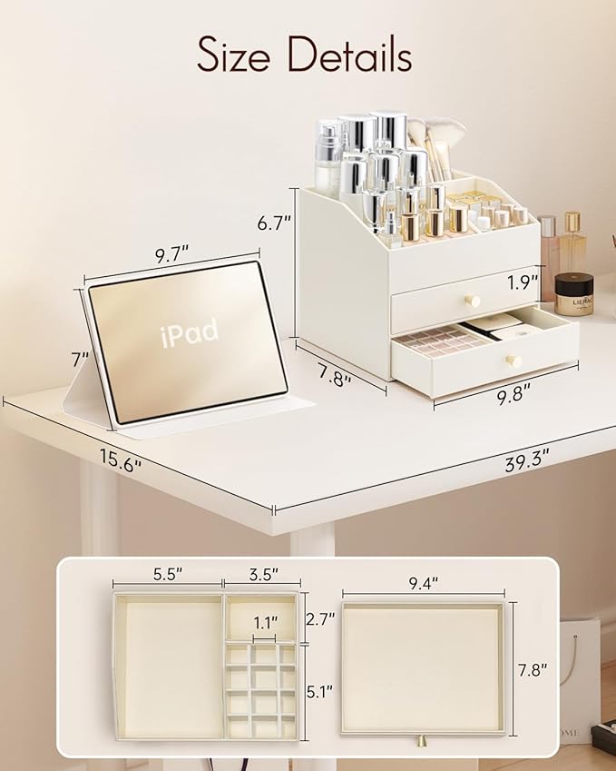 Vlando Makeup Organizer for Vanity,Large Capacity Countertop Organizer with Drawers, PU Leather Cosmetic Display Case for Lipstick,Brushes,Skincare,Bathroom and Bedroom Storage (Beige)