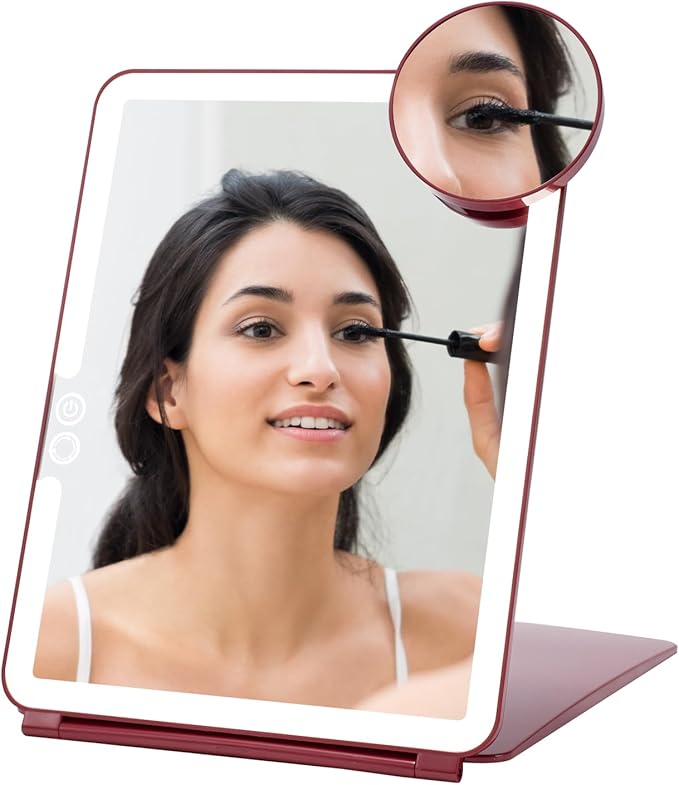 Mocado LED Travel Makeup Mirror, Rechargeable Vanity Mirror with Lights, Portable Mirror with Lights - 7x9 inches, 3 Colors Light, Foldable, Dimmable Touch Screen, Travel Essential (Wine Red)