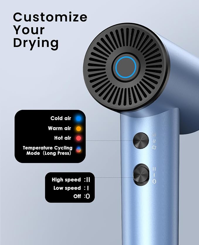 Ionic Hair Dryer, High-Speed Blow Dryer - 150,000 RPM Brushless Motor, 500 Million Negative Ions, Ultra-Light & Small, Smart Temp Control, Quiet Hairdryer for Women, Ideal for Travel, Home