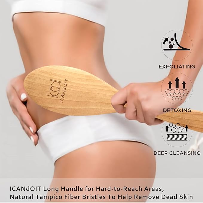 Very Stiff Dry Brushing Body Brush for Men&Women, Long Handle Dry Skin Brush for Cellulite and Lymphatic Drainage with Natural Agave Cactus Tampico Fiber Bristles