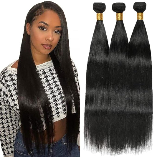 Straight Human Hair Bundles #1B Natural Color Straight Bundles Brazilian Human Hair Weave Extensions Soft and Silky for Black Women 14 16 18 Inch