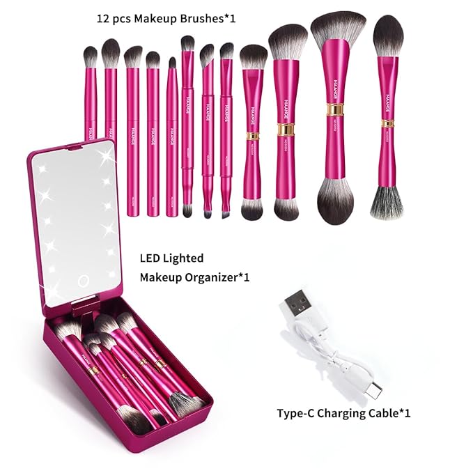MAANGE 12 Pcs Makeup Brush Set Double-ended Kabuki Brush Travel Makeup Brushes for Foundation Powder Concealers Eye Shadows Makeup Tools Set with LED light Mirror (Pink)